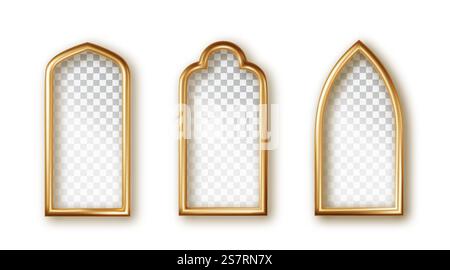Realistic golden frames in arabic style isolated. Collection of oriental style windows and arches. Arabic golden arch isolated.. Realistic golden frames in arabic style isolated. Collection of oriental style windows and arches. Arabic golden arch isolated Stock Vector