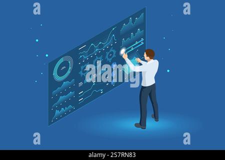 Isometric vector of a man interacting with futuristic digital dashboards. The interface features charts, graphs, and data visualizations, symbolizing Stock Vector
