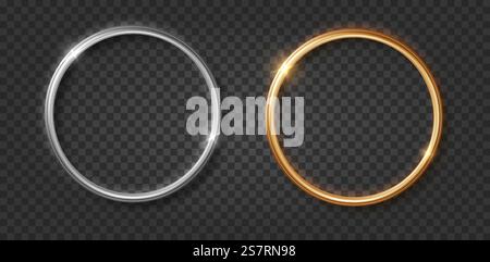 Gold and silver chrome ring frame realistic. Round 3d banner with glow shine and light effect.. Gold and silver chrome ring frame realistic. Round 3d banner with glow shine and light effect Stock Vector