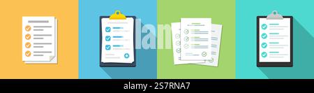 Set of checklist document icons in a flat design. Audit document collection Stock Vector