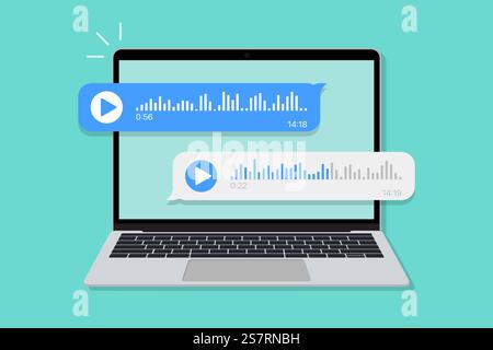 Laptop with voice message chat notification in a flat design Stock Vector
