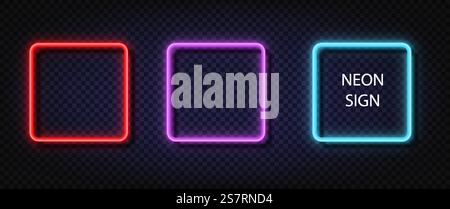 Neon square sign. Glowing color vector set realistic neon square. Shining led or halogen lamps frame banners.. Neon square sign. Glowing color vector set realistic neon square. Shining led or halogen lamps frame banners Stock Vector