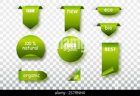 Green label tags vector collection. Organic food labels isolated . Fresh eco vegetarian products, vegan label and healthy foods badges. Green label tags vector collection. Organic food labels isolated . Fresh eco vegetarian products, vegan label and healthy foods badges. Stock Vector