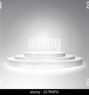 White podium. Presentation object. The scene of the three stages. Three steps. Cylinders. White obkty. Isolated on white background podium for perezentatsii. Baner.. White podium on grey background Stock Vector