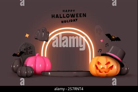 Happy Halloween background. Realistic 3d design stage podium, round studio, neon lights. Orange pumpkins in hat, emotion on his face scary smile. Bats fly, ghost. Creative Banner, web poster. Vector Stock Vector