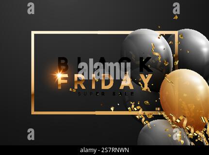 Black Friday Sale. Festive Background with realistic balloons. Ballons with ribbon in color black, golden confetti. Discount super sale off. Banner, posters or flyers design, card. Vector illustration Stock Vector