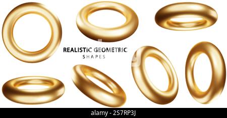 Gold torus shapes set isolated on white background. Golden glossy realistic primitives . Abstract decorative vector figure for trendy design. Gold torus shapes set isolated on white background. Golden glossy realistic primitives . Abstract decorative vector figure for trendy design. Stock Vector