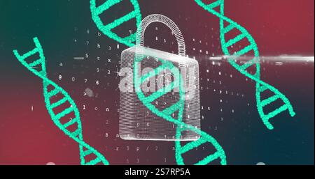 Image of dna strands, scientific data processing over padlock Stock Photo
