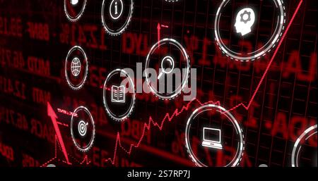 Image of business icons over financial data processing on black background Stock Photo