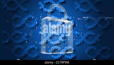 Image of dna strands, scientific data processing over padlock Stock Photo