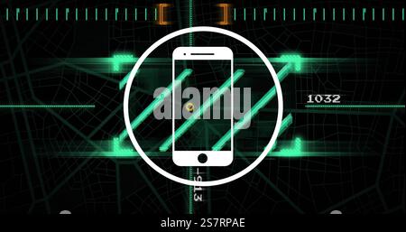 Image of smartphone icon over data processing on black background Stock Photo