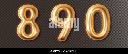 Golden chrome numbers set 3d realistic. Metal golden glossy font number 8, 9, 0. Decoration for banner, cover, birthday or anniversary party invitation design. Golden chrome numbers set 3d realistic. Metal golden glossy font number 8, 9, 0. Decoration for banner, cover, birthday or anniversary party invitation design. Stock Vector