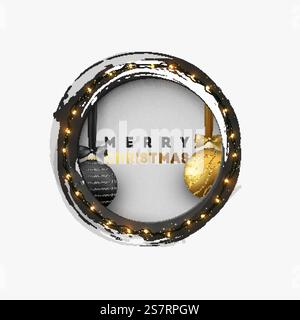 Christmas greeting illustration. Round hole, black abstract frame, with bright light golden garlands, and xmas ornaments balls.. Christmas greeting illustration. Round hole, black abstract frame, with bright light golden garlands, and xmas ornaments balls Stock Vector