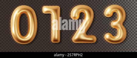 Golden chrome numbers set 3d realistic. Metal golden glossy font number 1,2,3,0. Decoration for banner, cover, birthday or anniversary party invitation design. Golden chrome numbers set 3d realistic. Metal golden glossy font number 1,2,3,0. Decoration for banner, cover, birthday or anniversary party invitation design. Stock Vector
