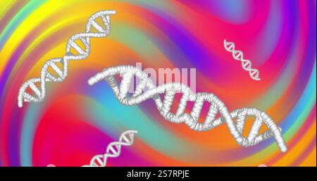 DNA strands image over colorful swirling background Stock Photo