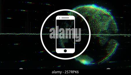 Smartphone icon image over digital globe with data points and glitch effects Stock Photo