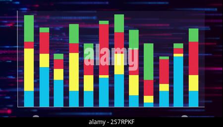 Colorful bar graph image over fast-moving digital data lines in blue and red Stock Photo