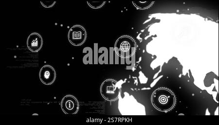 Digital icons and data processing over rotating globe image Stock Photo