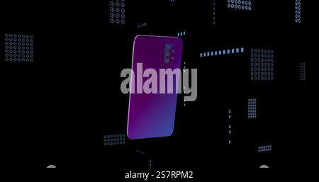 Smartphone with purple frame floating over digital data and binary code image Stock Photo