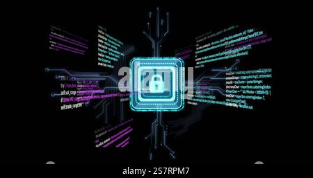 Cybersecurity lock icon over digital code and circuit board image Stock Photo