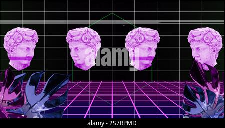 Three pink classical busts in image over neon grid and geometric shapes Stock Photo
