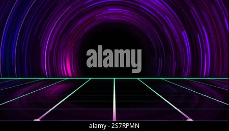 Neon grid floor and glowing purple tunnel, retro-futuristic image background Stock Photo