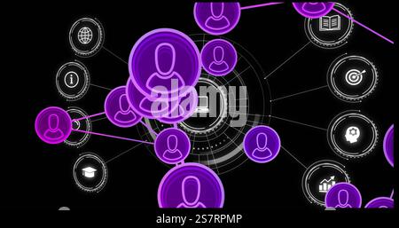 Network of connected user icons and data processing image over dark background Stock Photo