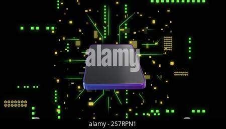 Neon green lines and yellow squares image over futuristic digital background Stock Photo