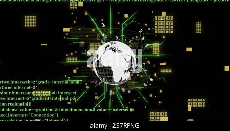 Digital globe and data processing image with green lines and yellow squares Stock Photo
