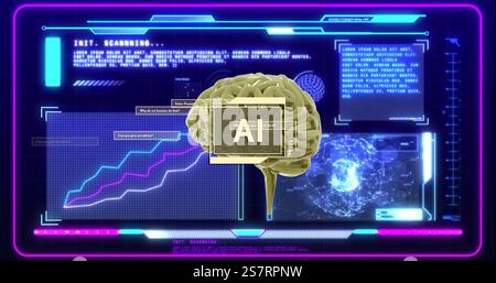 AI text over brain and data charts in futuristic image Stock Photo