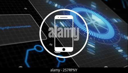 Smartphone icon image over digital interface with futuristic graphics Stock Photo