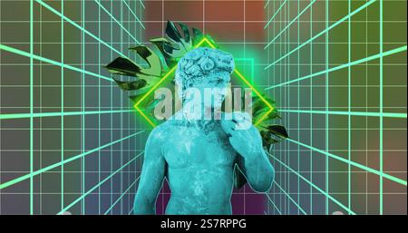 Green digital grid and geometric shapes image over classical statue Stock Photo