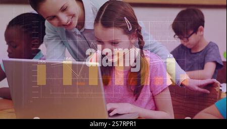 Financial data charts image over children using laptops in classroom Stock Photo