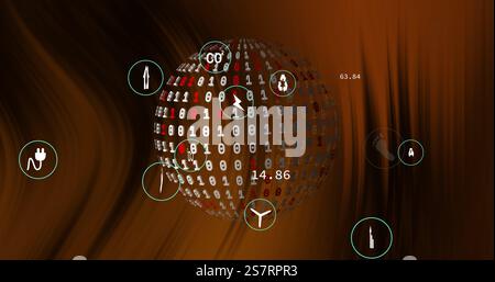 Binary code sphere with various icons and numbers, data processing image Stock Photo