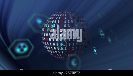 Rotating globe of binary code with hexagonal icons, digital data processing image Stock Photo