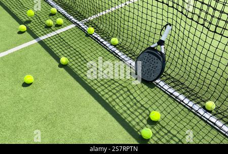 Padel racket and padel ball on a green court in the sunset Stock Photo