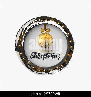 Christmas greeting illustration. Round hole, black abstract frame, with bright light golden garlands, and xmas ornaments balls.. Christmas greeting illustration. Round hole, black abstract frame, with bright light golden garlands, and xmas ornaments balls Stock Vector