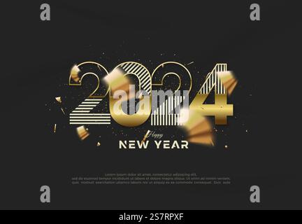Modern design number 2024 with a luxurious gold color. Figures cut into thin pieces. Premium vector design for celebration, invitation or greeting. Stock Vector