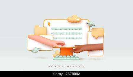 Communication through electronic gadgets. Desktop computer, mobile phone, modern tablet, Realistic 3d design. Creative concept idea social networks, hands outstretched connect. Vector illustration Stock Vector