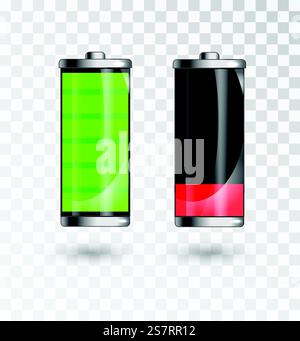 Charged and low battery. Full charge battery. Battery charging status indicator. Glass realistic power green battery illustration on black background. Charge status. Vector. Charged and low battery. Full charge battery. Battery charging status indicator. Glass realistic power green battery illustration on black background. Charge status. Vector. Stock Vector