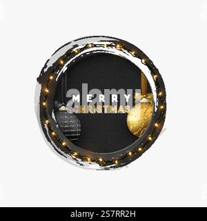 Christmas greeting illustration. Round hole, black abstract frame, with bright light golden garlands, and xmas ornaments balls.. Christmas greeting illustration. Round hole, black abstract frame, with bright light golden garlands, and xmas ornaments balls Stock Vector