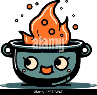 Cute cartoon kawaii pot with fire. Vector illustration Stock Vector ...