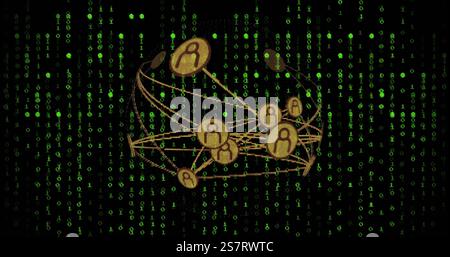 Image of network of connections with icons over binary coding Stock Photo