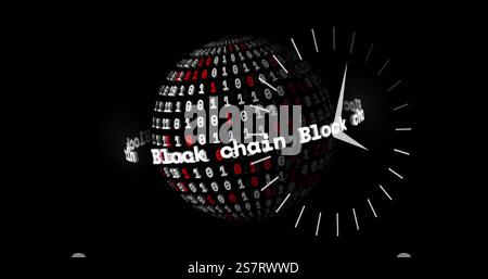 Image of globe with clock and block chain texts over binary coding Stock Photo