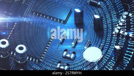 Image of spinning globe over computing board and binary coding Stock Photo
