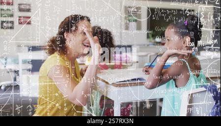 Image of mathematical equations over biracial female teacher with diverse schoolchildren Stock Photo