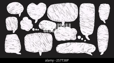 Speech bubbles set. Crayon doodle text frames. Chat dialog boxes. Comic talk textboxes by chalk or pencil isolated on dark background. Childish style Stock Vector