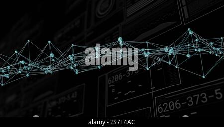 Image of statistics and digital data processing over dna strand on black background Stock Photo