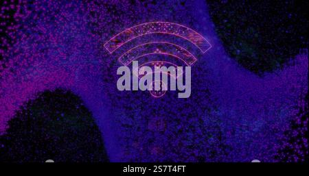 Image of wifi icon with computer circuit board over spots on black background Stock Photo