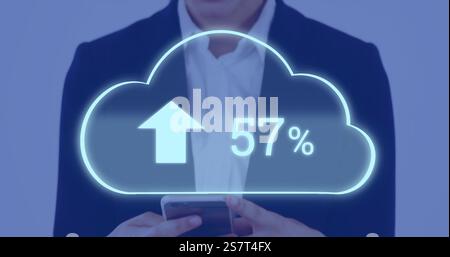 Image of ncloud with percent growing over caucasian businesswoman using smartphone Stock Photo